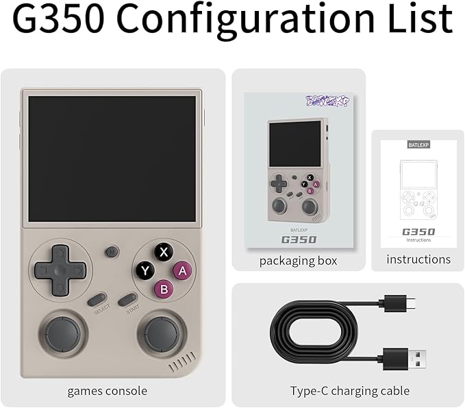 G350 Retro Handheld Game Console , Preload 4371 Games 3.5 Inch IPS Screen 3200 mAh Battery Linux System Portable Video Games Console Support Controller and Earphone (Gray)