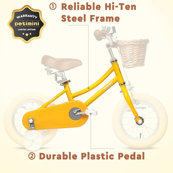 Petimini Vintage Kids Bike for Girls, 12–20 Inch Classic Bicycle with Wicker Basket & Bell, High Tensile Steel Frame, Training Wheels (12–18”), 85% Pre-Assembled, Retro Bike for Outdoor Riding