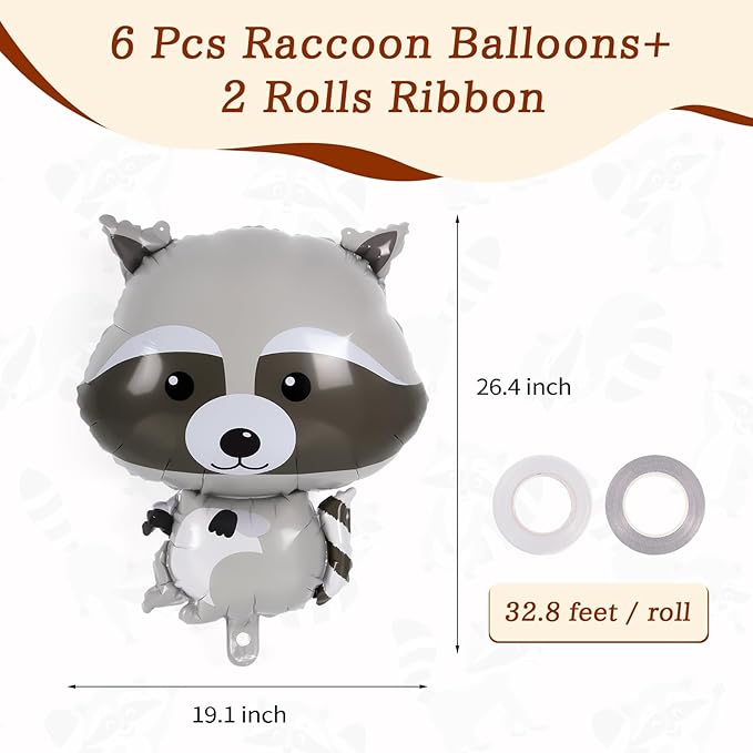 Raccoon Balloons - 6 Pcs Cute Foil Balloons for Woodland Animal Themed Party, Camping, Birthday, Baby Shower