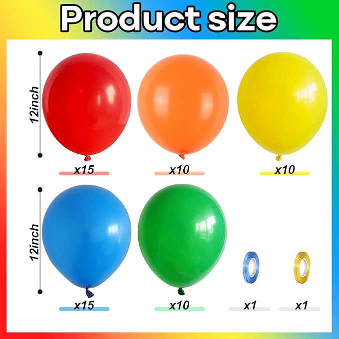 Red Yellow Blue Green Balloons, 60PCS Red Orange Blue Balloons, Rainbow Cartoon Theme Primary Color Latex Balloon for Kids Birthday Baby Shower Festival Carnival Circus Party Decorations Supplies