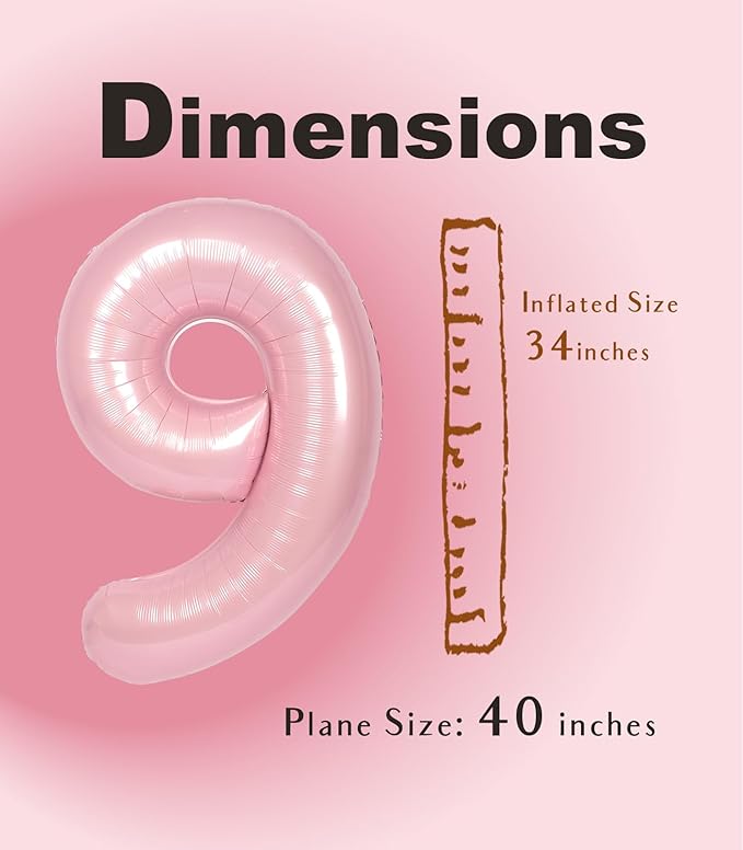SUWEN 40 Inch Pink Large 9 Number Balloons Big Foil Helium Number Balloons 0-9 Jumbo Happy 9th Mylar Birthday Party Decorations for Girl Anniversary Party Supplies