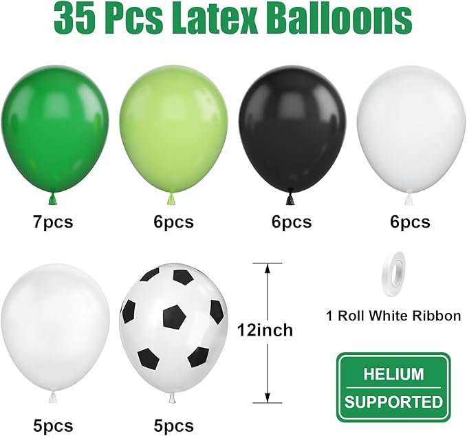 Soccer Birthday Party Balloons, 12 Inch Soccer Printed Balloons Dark Green and Black Balloons Clear Green and White Balloon for Boys Football Soccer Party Sports Anniversary Baby Shower Decorations