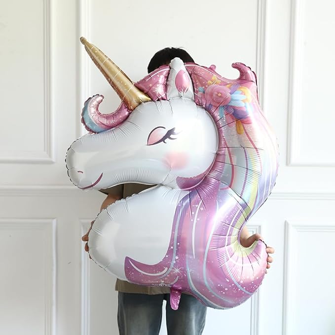 Unicorn 4th Birthday Party Decorations for Girl Purple Pink Theme Balloon Set, Large Rainbow Unicorn Helium Balloons with Heart and Star Baby Shower Kids Supplies (number 4 set)