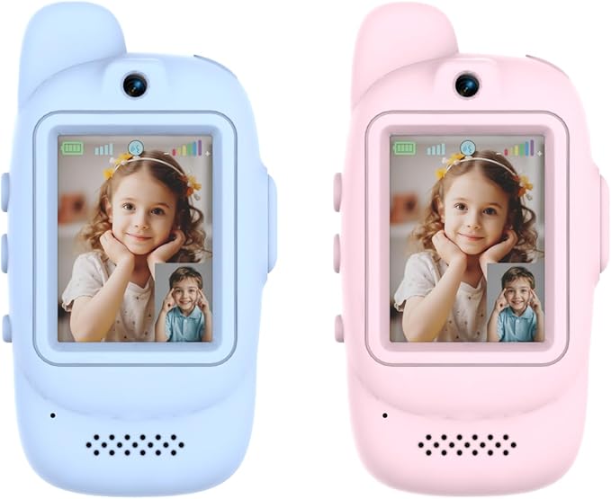 Video Walkie Talkies for Kids, Handheld 2 Pack Rechargeable Kids Video walkie talkies,Long Range Ideal for Family Games, Outside, Camping, Hiking (Pink & Blue A)