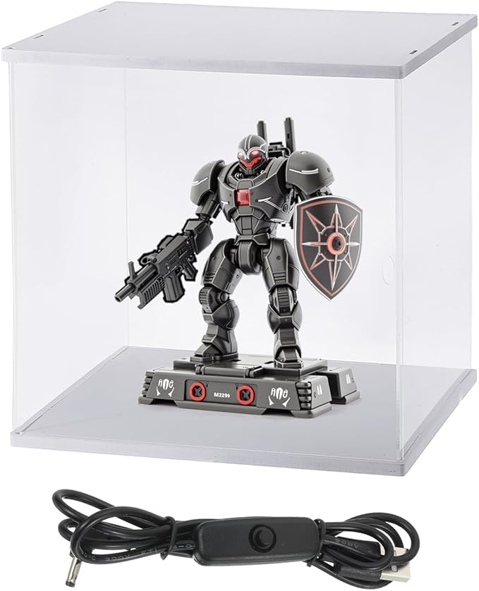 MECCANIXITY Clear Display Case, Acrylic Figure Display Case Clear Display Boxes for Collectibles, Figures Model Toys Home Storage(with Square LED Light, 10x10x15 Inch White Base)