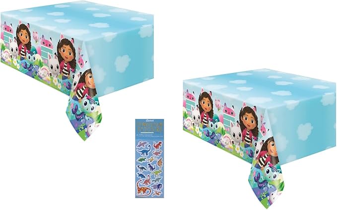 Gabbys Dollhouse Birthday Party Supplies Bundle includes 2 Plastic Table Covers and 1 Dinosaur Sticker Sheet