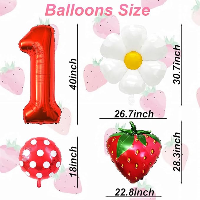 Strawberry Balloons Berry First Birthday Decor, 40 Inch Mylar Red One Balloons, Strawberry Balloon for Berry First Birthday Balloons for Girls, Strawberry 1st Birthday Decorations