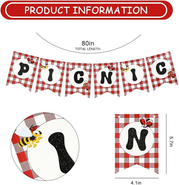Picnic Letter Banner, red and white Gingham Swallowtail flags, teacher banner, classroom, birthday, insects banner,Picnic Happy Birthday Banner - BBQ Birthday Party Pennant - Red Gingham Banner,