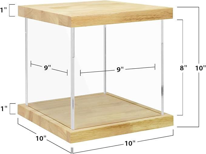 BenchPro Clear Acrylic Display Case for Trophy, Collectibles, Assemble Cube Display Box Stand Dust Proof Protection Showcase for Action Figures Toys. (1" Thick Wood, 10" H x 10" L x 10" D)