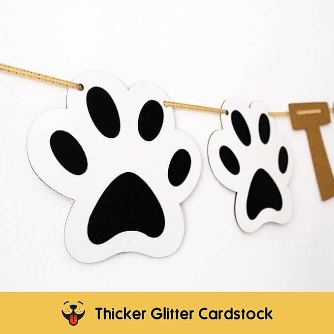 Pre-Strung Let's Pawty Dog Birthday Party Supplies - Pawty Time Mother Puppers - Funny Gold Glitter Puppy Dog Birthday Banner For Party Decorations Girl Boy - Cute Puppy Pets Paw Pennant Sign Deco
