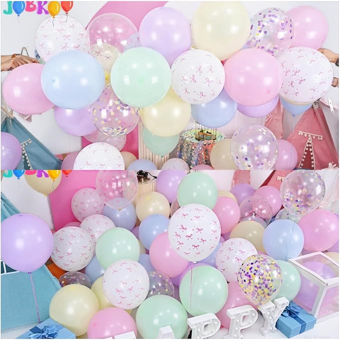 Pastel Bow Balloons Macaron Rainbow Balloon Birthday Decorations, 55 Pcs 12 In Pastel Colorful Pink Bows Print Balloon Blue Purple Yellow Confetti Balloon for Kids Girls Princess Easter Bridal Shower