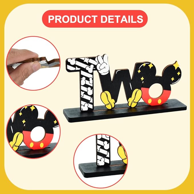 TONIFUL Red Mouse 2nd Birthday Party Supplies 2nd Table Centerpieces - Red Mouse Theme Design and Sturdy Wooden for Two Years Old Birthday Party Favors 2nd Birthday Decorations (4 Pcs)