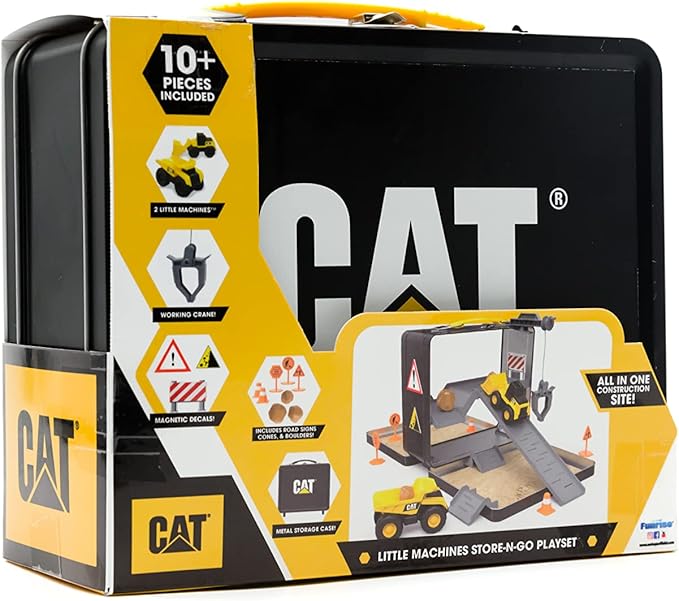CAT Construction Toys, Store N Go Playset - Tin Travel Case Transforms into Multi-Level Worksite, Includes 2 Little Machines Vehicles & 10 + Accessories, Portable STEM Toy for Kids Ages 3 +