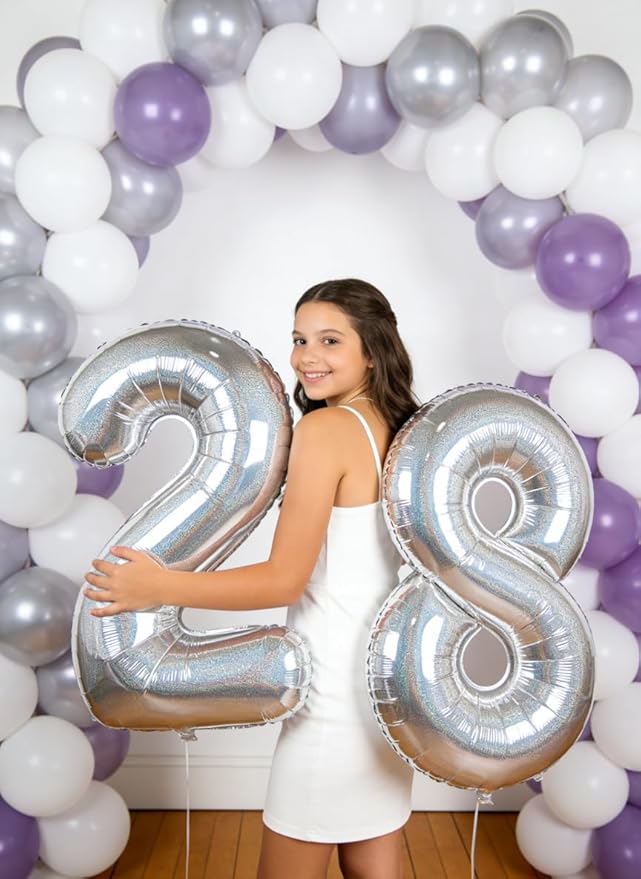 Laser Silver Number Balloon 40 Inch, 0 Number Balloons, 10 20 30 40 50 Numbers Balloon Birthday Decorations, Party Supplies for Women