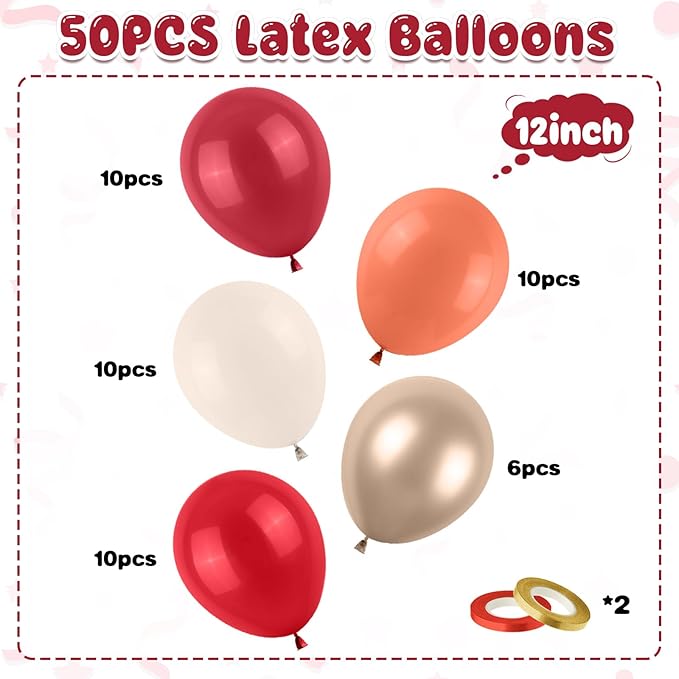 Red White Sand Balloon, 50PCS 12 Inches Ruby Red Retro Latex Beige Balloons Metallic Champagne Gold for Baby Shower Birthday Wedding Engagements Graduation Party Decoration