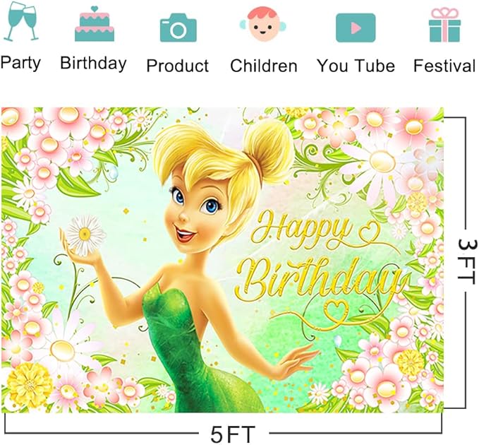 Green Tinkerbell Backdrop for Birthday Party Supplies 5x3ft Fairy Photo Backgrounds Fairy Theme Baby Shower Banner for Birthday Cake Table Decoration