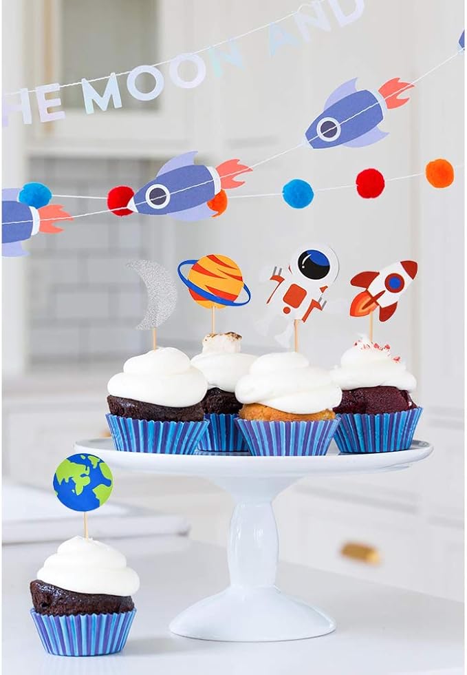 30pcs Outer Space Cupcake Toppers, Planet Party Supplies - Birthday Decorations, Rocket, Astronaut, Spaceship Themed Kids Children Party Supplies