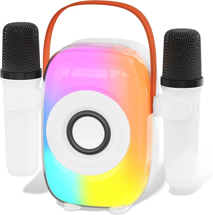 Kids Karaoke Machine, Bluetooth Mini Portable Karaoke Machine, with 2 Wireless Microphone and Speaker, Toys for All Smartphones, Birthday, Family, Home Party (White)