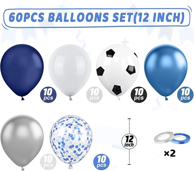 Soccer Balloons, 60Pcs 12 Inch Metallic Blue Silver White Confetti Soccer Party Latex Balloons for Kids Boy Soccer Birthday Sport Party Decorations Sports Baby Shower Graduation Party Supplies