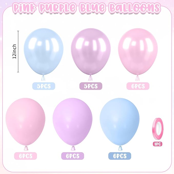 Pink Purple Blue Balloons,Pastel Balloon,Iridescent Pearl Pink Blue Purple Latex Balloons for Girls Mermaid Snowflake Princess Birthday Baby Shower Party Decorations