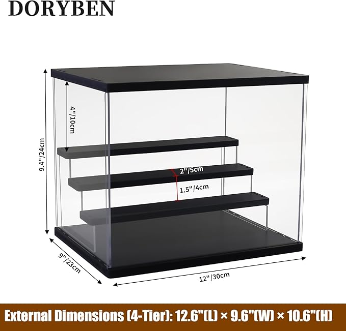 Acrylic Display Case with Adjustable LED Light, 4 Tier Clear Display Box Dustproof Showcase for Action Figures, Collectibles and Mini Toys, Assembly Display Cabinet(Black 12.5×9.5×10.4in)