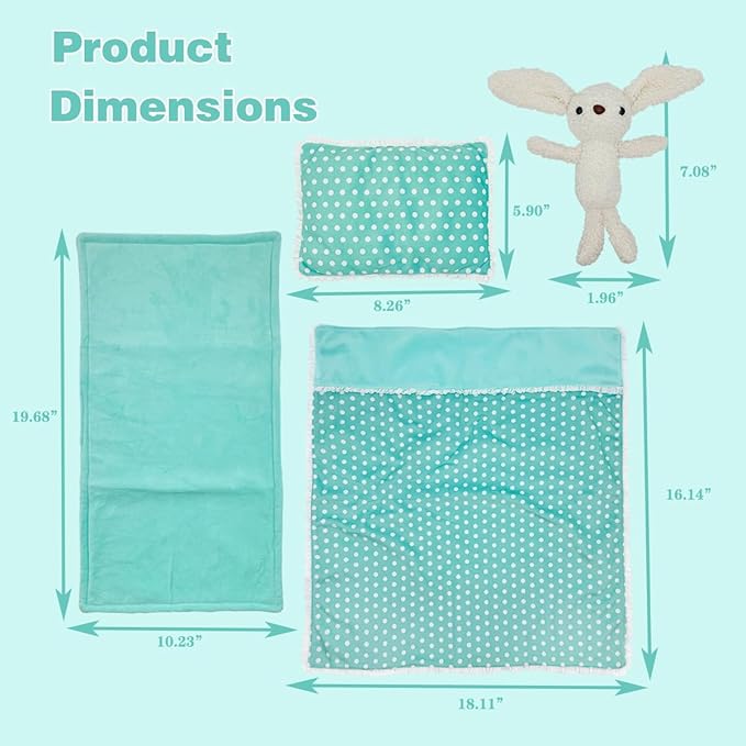 Baby Doll Accessories Bedding Set Soft Blanket Mattress Pillow Dolls Playset Fits 16-18 Inches American Doll Furniture Toy Girls and Boys (Green)