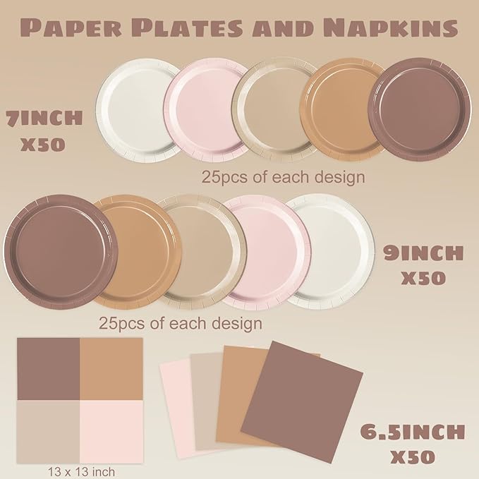 Oigco 150 PCS Brown Paper Plates Boho Baby Shower Decorations Gradient Brown Plates and Napkins for Birthday Wedding Boho Baby Shower Bridal Shower Party Supplies, Serves 50