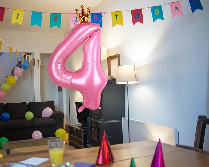 40 Inch Crown Pink Number 4 Balloon, Big Conjoined Baby Pink Foil Mylar Helium 4 Balloon | Girls 4th Birthday Party Balloons Princess Theme Birthday Party Decorations Supplies Favors
