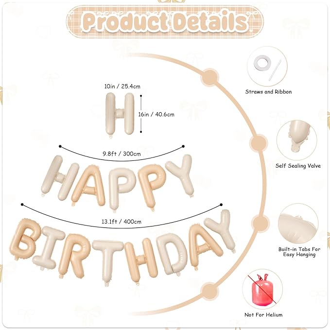 29PC Heart Bow Cream Happy Birthday Balloon Banner, 16Inch 3D Aluminum Letter Banner Sign, Apricot Brown Sand White Gold Confetti Balloons 18 Inch Apricot Foil Balloons for Bow Decorations