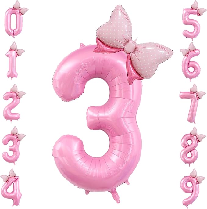 40 inch Number 3 Balloon with Bow Pink Birthday Number Balloon for Girls Daughter Birthday Decorations Party Supplies