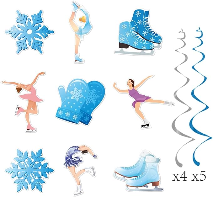 Zwiebeco Ice Skating Happy Birthday Banner Bunting Hanging Paper Swirls Garland Party Decorations for Baby Shower Winter Snowflake Themed Snow Princess Girls Women Bday Decor Accessories Supplies