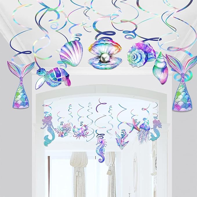 30 Pcs Mermaid Hanging Swirl - Mermaid Party Decorations, Mermaids Parties Supplies for Girls, Ocean Ceiling Streamers for Mermaids Party Favors, Baby Shower and Theme Birthday Parties Decoration