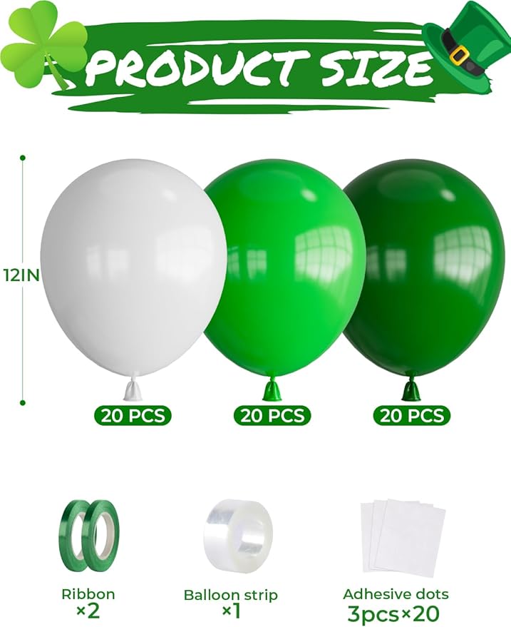 Green and White Balloons, 60 Pcs 12 inch Dark Green Balloons White Party Balloon Natural Latex Balloon for St Patricks Day Decorations, Jungle Safari Birthday Baby Shower Party Supplies