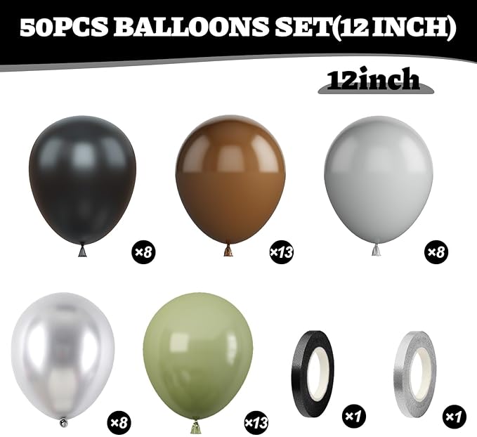 Green Black Grey Balloons, 50Pcs 12 Inches Sage Green Brown Metallic Silver Balloons for Boy Girl Birthday Party Decorations Baby Shower Graduation Party Supplies