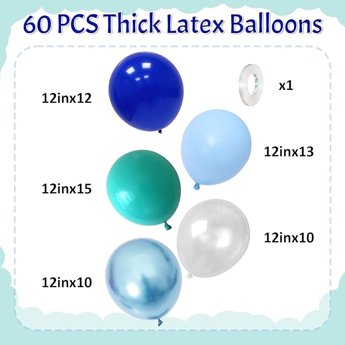 Teal Blue Balloons 12 Inch 60pcs Ocean Turquoise Blue Party Balloons Transparent Metallic Pastel Light Blue Latex Helium Balloon for Under The Sea Birthday Baby Shower Shark Party Decorations