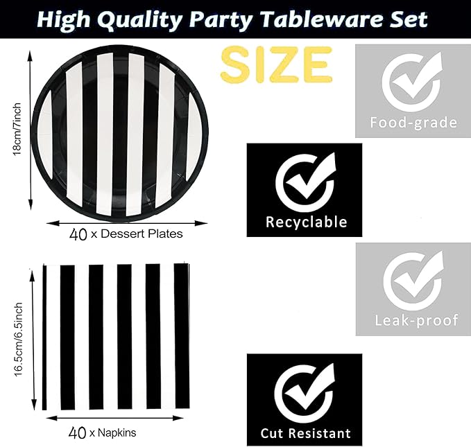 80Pcs Black and White Striped Party Supplies Black and White Party Set 7"Black and White Striped Plates,Black and White Napkins for Black and White Theme Black and White Birthday Decoration |Serves 40
