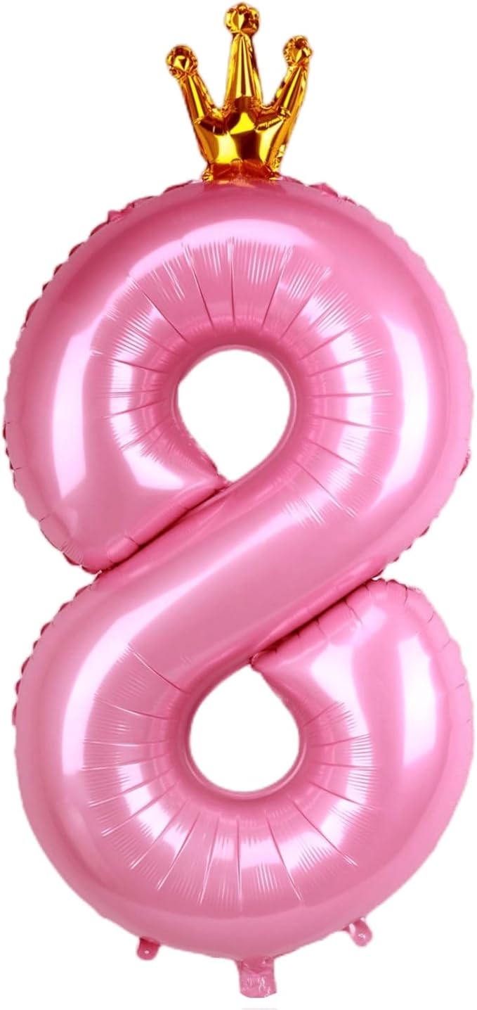 40 Inch Crown Pink Number 8 Balloon, Big Conjoined Baby Foil Mylar Helium Balloon for Girls 8th Birthday Party Decorations Pink Princess Theme Party Supplies Favors Anniversary Decor