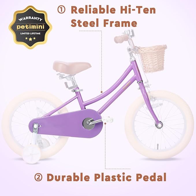 Petimini Vintage Kids Bike for Girls, 12–20 Inch Classic Bicycle with Wicker Basket & Bell, High Tensile Steel Frame, Training Wheels (12–18”), 85% Pre-Assembled, Retro Bike for Outdoor Riding