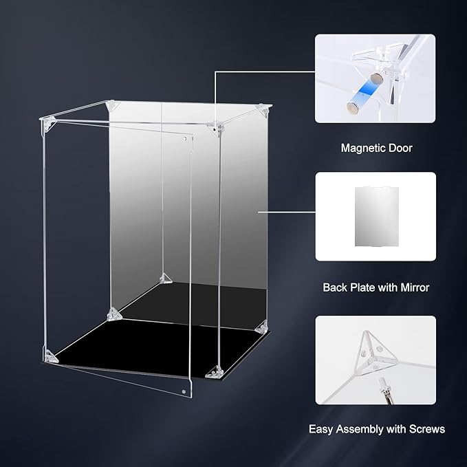 Acrylic Display Case for Collectibles Assemble Clear Acrylic Display Box with Mirrored Back, Alternative Glass Case for Action Figures Lego Model Doll Toys Display (10x10x15.7 inch; 25x25x40 cm)