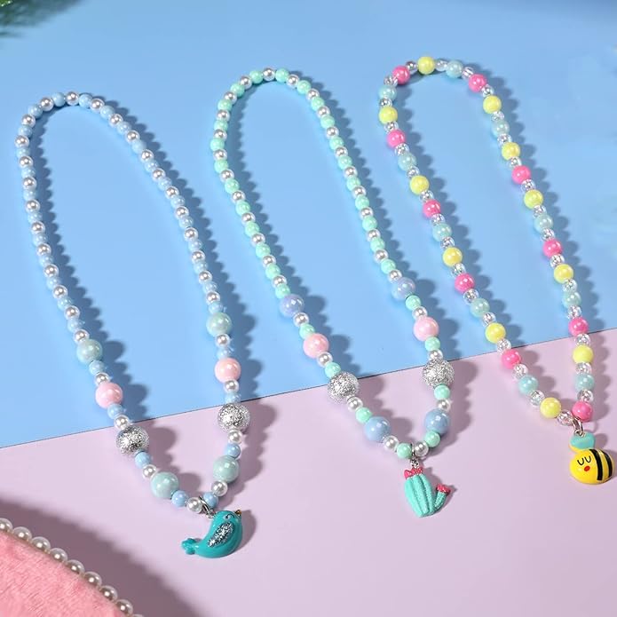 PinkSheep Jewelry Sets Beaded Necklace and Beads Bracelet for Kids Girls 10 Sets Unicorn Cat Bird Owl Necklace and Beads Little Favors Bags for Girls Princess Dress Up Pretend Play