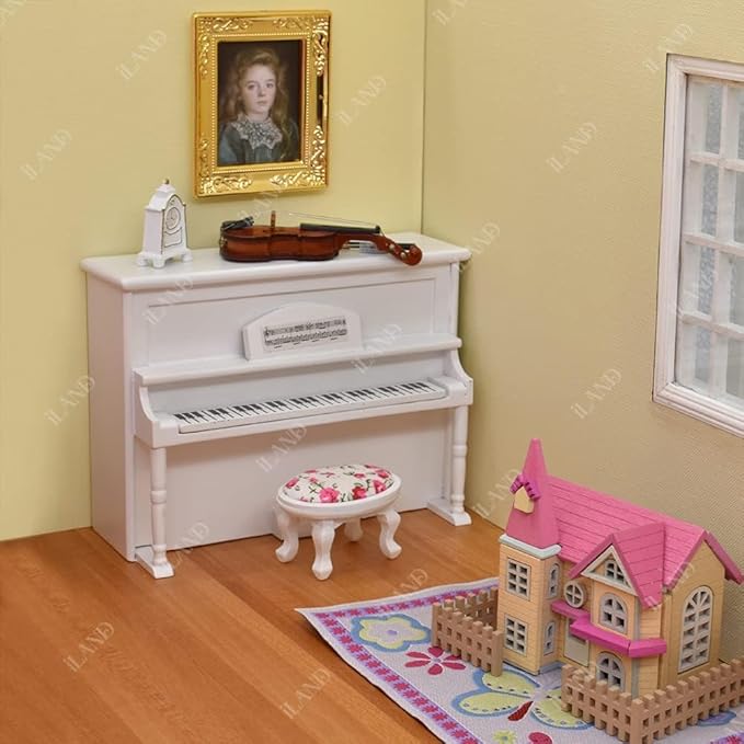 iLAND Wooden Dollhouse Furniture on 1/12 Scale of Pink Dollhouse Bedroom Set w/Piano (Sweet Doll Furniture 6pcs)
