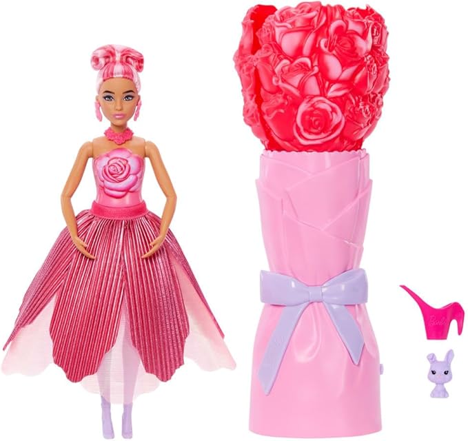 Barbie Petal Pop Scented Doll with Rose Dress & Accessories, Bouquet Reveal with Pet Bunny & Surprises Like Watering Can, Necklace & Earrings