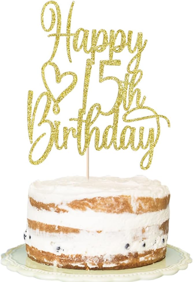 Gold Glitter Happy 15th Birthday Cake Topper - Cheers to 15 Years Cake Topper, 15 & Fabulous Cake Decoration for Hello 15th Birthday Anniversary Party Cake Decorations Supplies