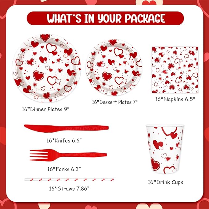 112 PCS Valentines Day Plates and Napkins Party Decorations Red Heart Galentines Day Party Decorations Supplies Valentines Baby Shower Birthday Disposable Plates Cups and Napkins Serves 16