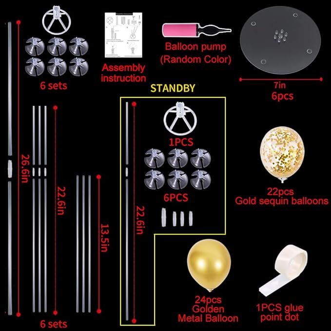 TONIFUL 6 Balloon Centerpieces with Gold Balloon Stand Kit for 2026 Graduation,Anniversary,Table Party Decorations,30th 40th 50th 60th 70th 80th 90th 100th Birthday Decorations New Years 2026