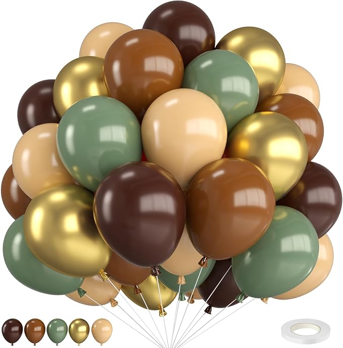 Green and Brown Balloons,12 Inch Sage Green Nude Metallic Gold and Brown Latex Balloons with Ribbon,for Birthday Baby Shower Camo Woodland Jungle Safari Party Decorations