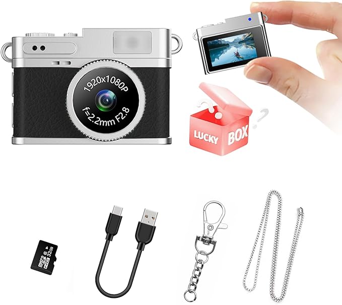 KOOMTOOM Keychain Camera,1080P HD Mini Retro Camera,Tiny Digital Photocamera with 32GB SD Card,0.96'' Pocket Video Recorder Gift for Kids Students,Suprise Box Included