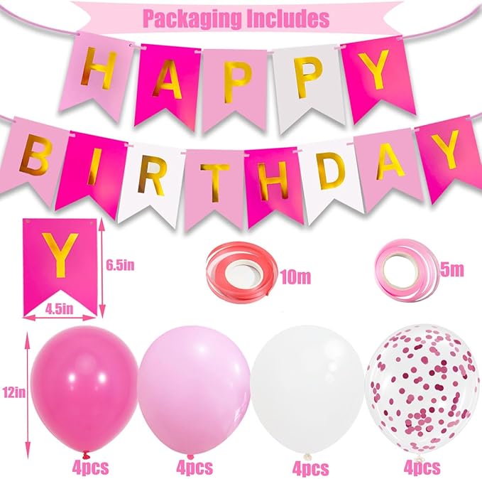Pink Birthday Decorations, Happy Birthday Banner, 16 pcs 12 inch Balloons with 2 Ribbons for Girl and Women Party Decoration