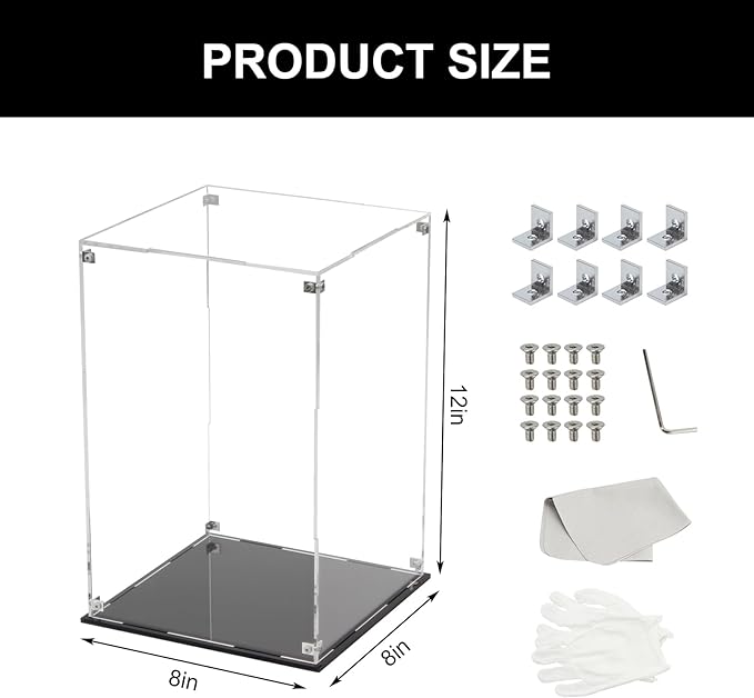 Self Assemble Acrylic Display Case with Black Base, Clear Acrylic Box Countertop Box Glass Case for Collectibles, Rectangle Box with Black Stand for Display Dolls Models Figures, 8x8x12In