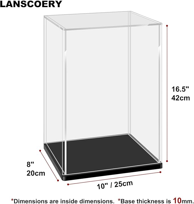 LANSCOERY Acrylic Display Case, Assemble Showcase Display Box for Collectibles, with Dustproof & Seamless Display Design, 10x8x16.5 inch Thick Black Base